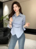 ⁦قميص فضفاض طويل الأكمام مخطط للنساء⁩ - الصورة ⁦2⁩