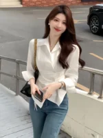⁦قميص فضفاض طويل الأكمام مخطط للنساء⁩ - الصورة ⁦3⁩