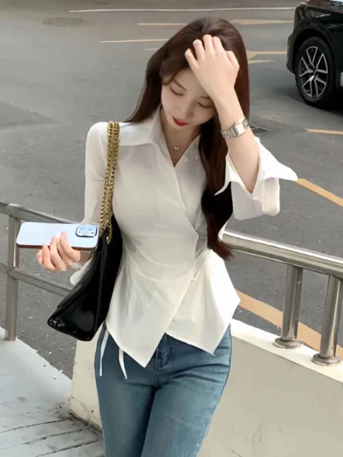 ⁦قميص فضفاض طويل الأكمام مخطط للنساء⁩ - الصورة ⁦4⁩