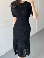 ⁦فساتين ضيقة ميدي للنساء فستان بأكمام قصيرة⁩ - الصورة ⁦2⁩